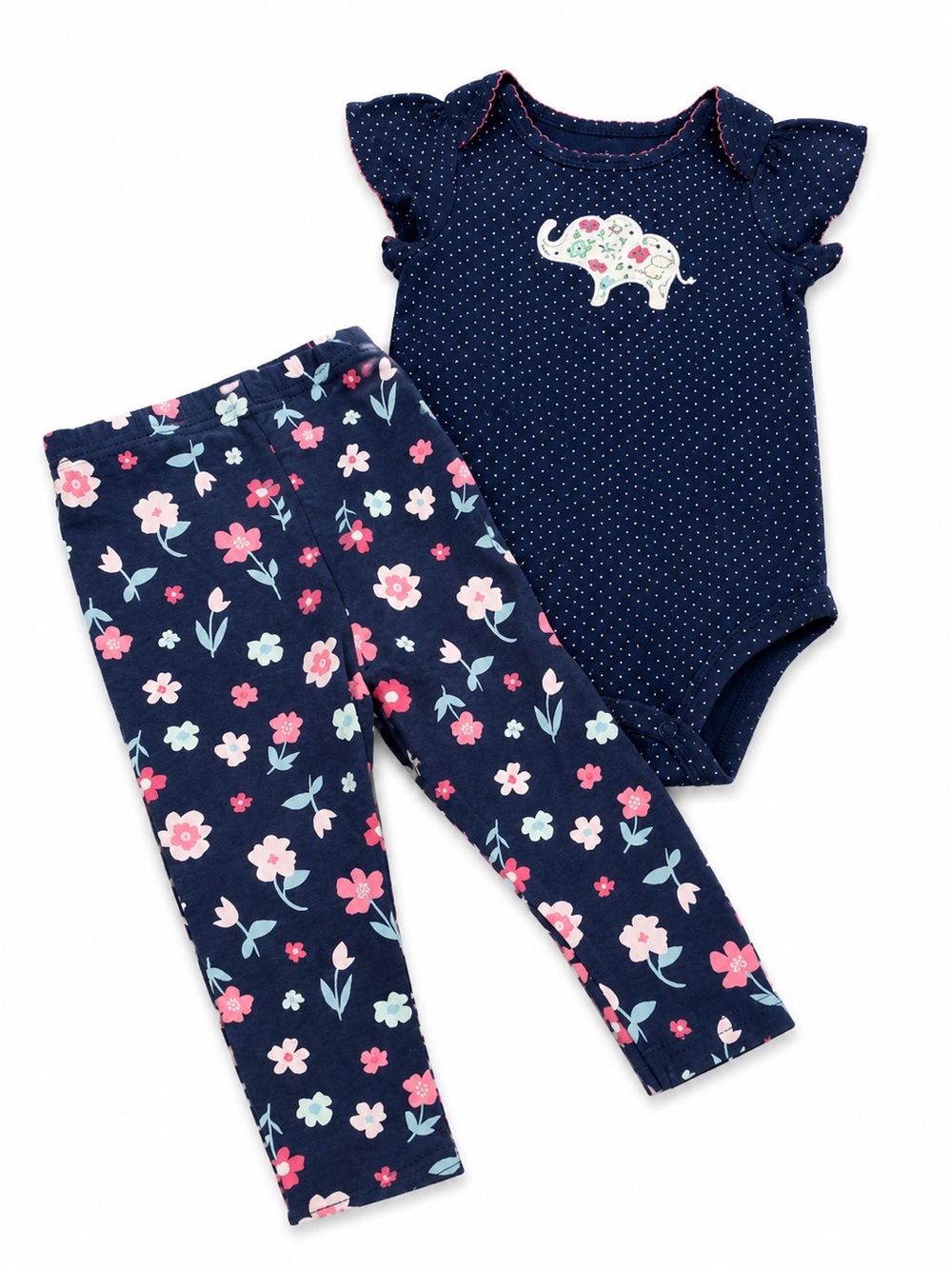 EUC 18m Navy Elephant Dot Bodysuit & Floral Leggings Set